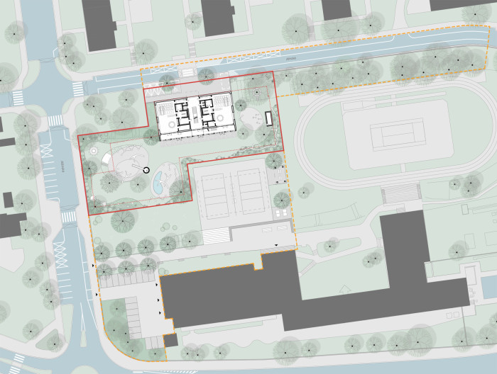 Školka Červený vrch v Praze od studia re:architekti, 1. místo ve veřejné architektonické soutěži, situace projektu.