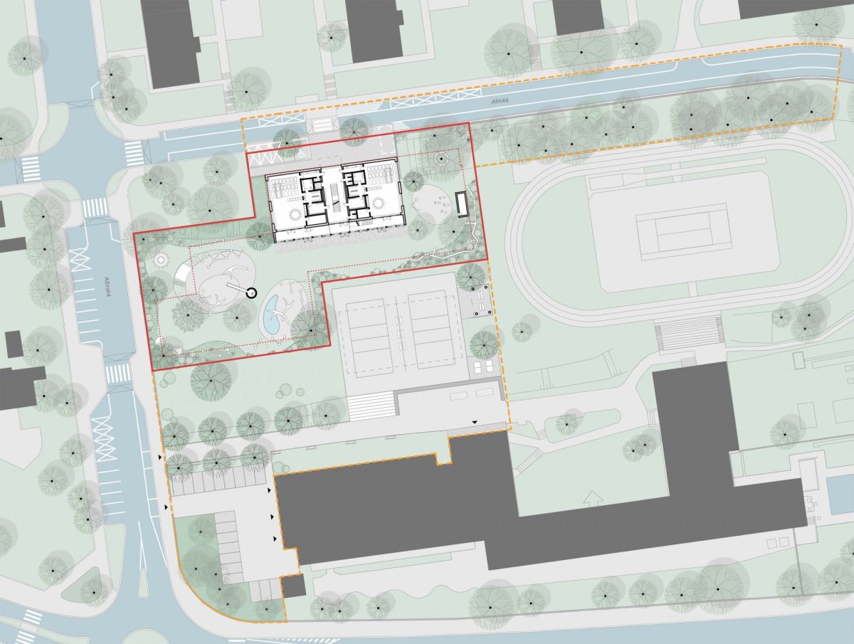Školka Červený vrch v Praze od studia re:architekti, 1. místo ve veřejné architektonické soutěži, situace projektu.