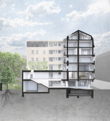 Dostavba a úpravy budovy ČKAIT, řezoperspektva vchod, FAM ARCHITEKTI