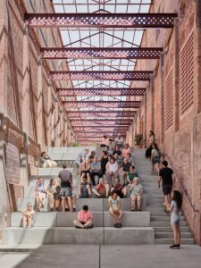 Schodiště sloužící jako místo setkávání. (Sociální projekt v bývalé textilní továrně; H ARQUITECTES)