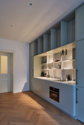 Uměle vložený modul kuchyňské stěny je v neutrální barvě olivově zelené/holubí šedi, která svoji barevnost mění v závislosti na denním světle.  