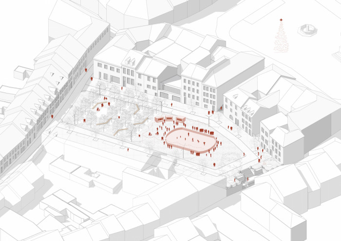 Vítězný návrh studia m2au na rekonstrukci Škroupova náměstí v České Lípě, zima