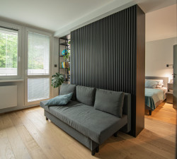  Ze dvou původních pokojů je dnes propojená místnost, kde je část na spaní oddělena příčkou, která slouží i jako knihovna. (Rekonstrukce panelákového bytu; Markéta Janderová)