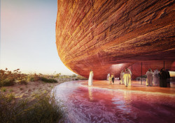 Vítězný návrh studia Petr Janda / brainwork na návštěvnické centrum rezervace plameňáků v Abu Dhabi. Vizualizace: Mykhaylo Slyusar, sdar.cz