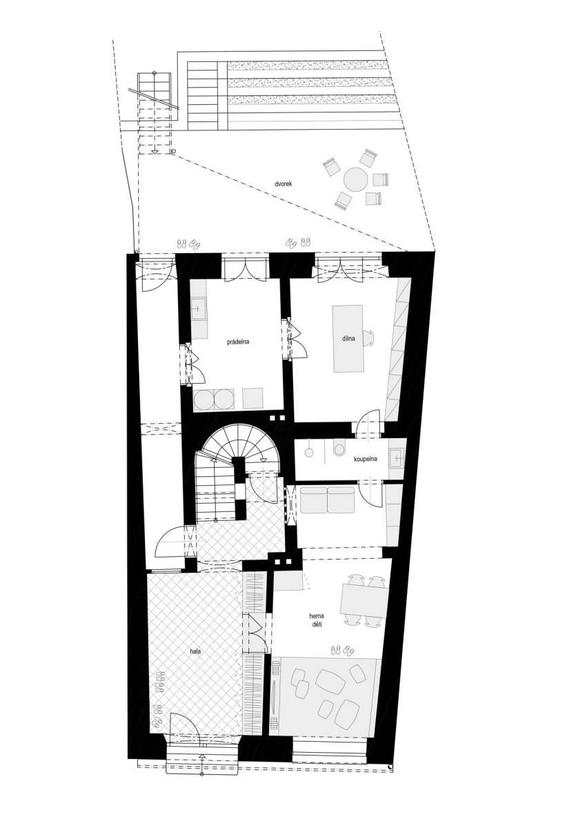 Půdorys 1. NP (Dům v Kutné Hoře, BYRÓ architekti)