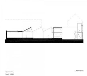 Přestavba industriální budovy na rodinný dům v Gentu, NU architectuuratelier, řez