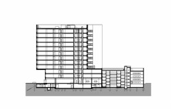 Polyfunkční objekt DORN, podélný řez, Atelier RAW