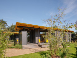 Výrazné střechy ateliérů jsou tvořeny šalovacími deskami a H-nosníky z místního dřevařského závodu.  (Bee House; Petr Novák)