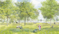 Vizualizace parku Střed v Mostě podle návrhu Rehwaldt Landscape Architects a Atelier Hoffman (Park Střed v Mostě, Rehwaldt Landscape Architects + Atelier Hoffman)