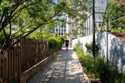 Kolem parku vede pěší spojnice mezi ulicemi U Pergamenky a U Uranie. (ateliér YYYY, park U Uranie)