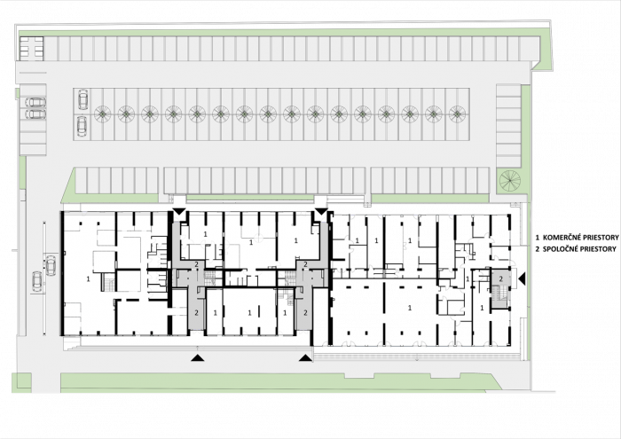 Compass Architekti, Polyfunkčný objekt Miletičova 5, půdorys 1. NP– foto