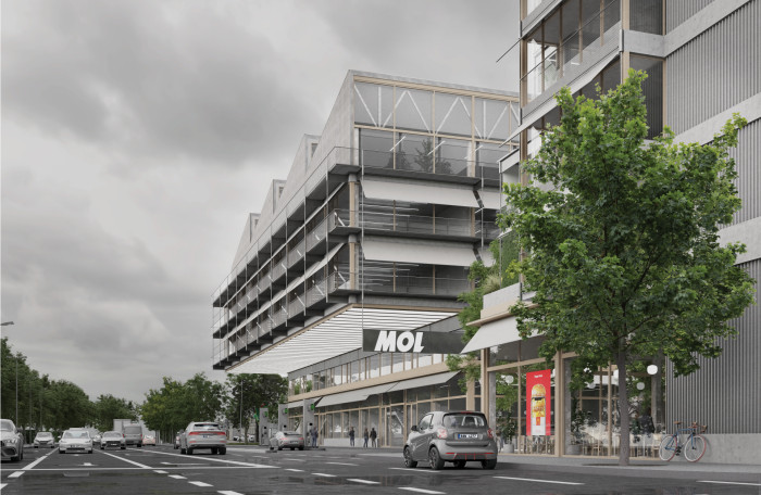 Čerpací stanice MOL proměněná v hybridní domy.