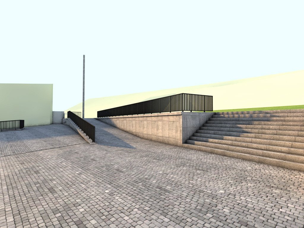 Pohled na schody - vizualizace (Přiložené vizualizace jsou vytvořeny pouze přiřazením textur konstrukčnímu 3D modelu, který byl použit pro vytyčování stavby, a jednoduchým renderováním. Nejedná se o architektonické vizualizace.)