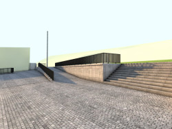 Pohled na schody - vizualizace (Přiložené vizualizace jsou vytvořeny pouze přiřazením textur konstrukčnímu 3D modelu, který byl použit pro vytyčování stavby, a jednoduchým renderováním. Nejedná se o architektonické vizualizace.)