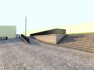Pohled na schody - vizualizace (Přiložené vizualizace jsou vytvořeny pouze přiřazením textur konstrukčnímu 3D modelu, který byl použit pro vytyčování stavby, a jednoduchým renderováním. Nejedná se o architektonické vizualizace.)