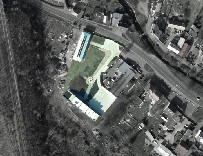 3+1 architekti, Revitalizace hospodářského dvora JACER, situace na leteckém snímku – foto