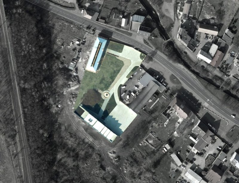 3+1 architekti, Revitalizace hospodářského dvora JACER, situace na leteckém snímku – foto