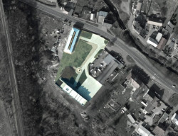 3+1 architekti, Revitalizace hospodářského dvora JACER, situace na leteckém snímku – foto