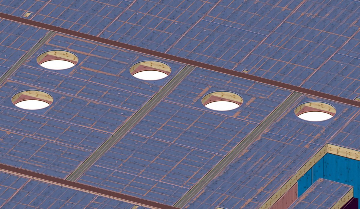 Komunitní centrum Mírová, Mnichovo Hradiště, PROJEKTIL ARCHITEKTI - prostorový model konstrukce - otvory pro střešní světlíky.