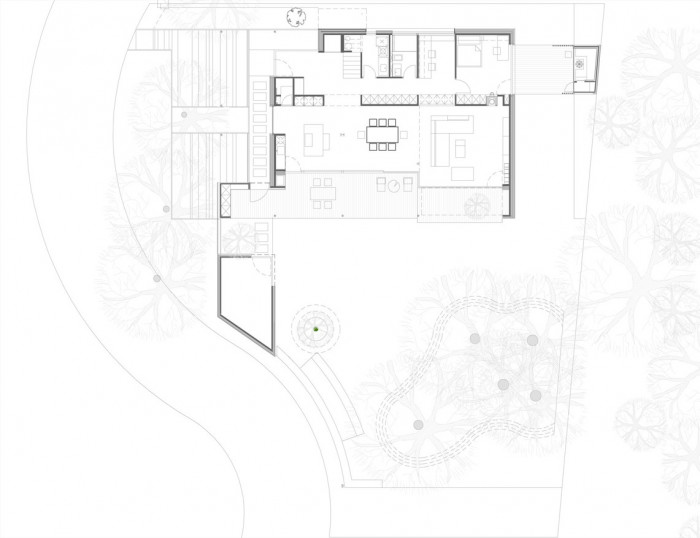 Rodinný dům při lese v Bratislavě-Rusovce, půdorys 1 NP, Molnár - Peráček