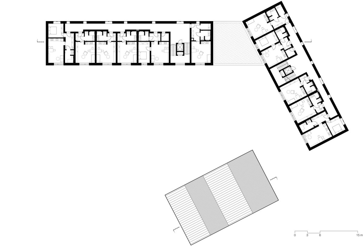 Půdorys 2. NP (Domov pro seniory s mateřskou školou v Horních Jirčanech, ti architekti)