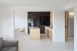 Kuchyně ze světlého březové dřeva s barevnými akcenty (Řadový dům v Čimicích, Plus One Architects)