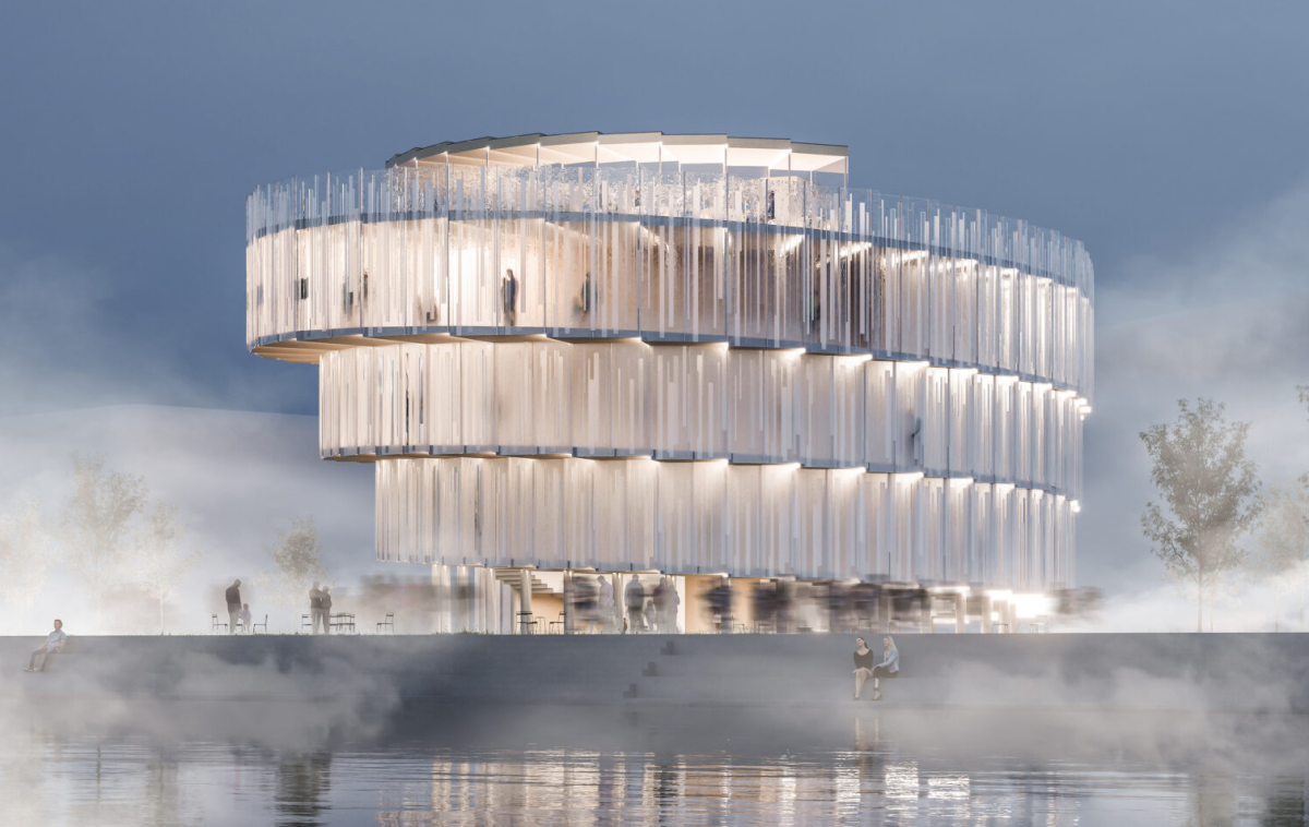 Spirálovitý ochoz pavilonu bude hostit českou výstavu, uprostřed se nachází auditorium