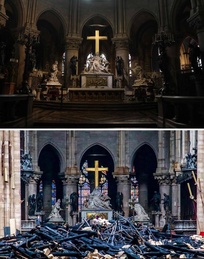Porovnání stavu před a po požáru katedrály Notre-Dame.