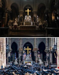 Porovnání stavu před a po požáru katedrály Notre-Dame.