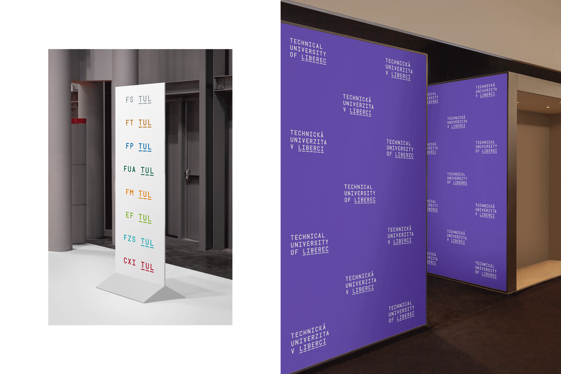Ukázka aplikace logotypů univerzity a fakult v barvách na příkladu roll-upu a pop up stěny. Zdroj: Czechdesign