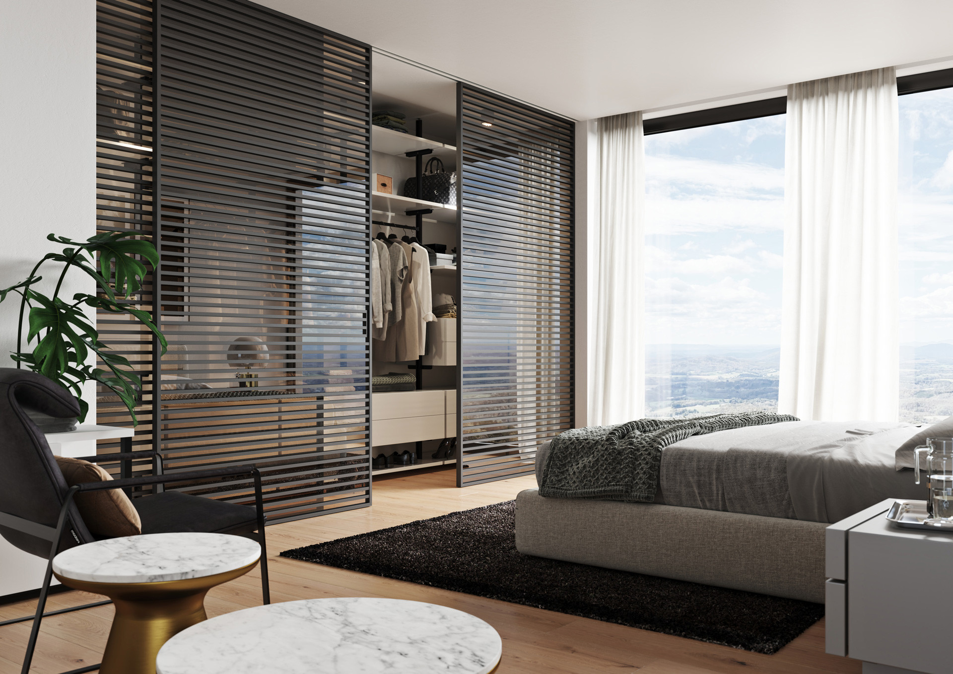 Dveře IDEALINE HORIZONTAL, posuv do stropu PREMIUM, madlo Ell, sklo planibel bronz, rám RAL 9005