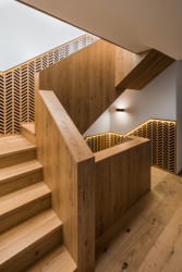 Rekonstrukce řadového domu u letiště, No Architects: Nové schodiště ze dřeva s výrazným řemeslným detailem svou dimenzí a opakujícím dekorem dodává celému interiéru jasnou tvář