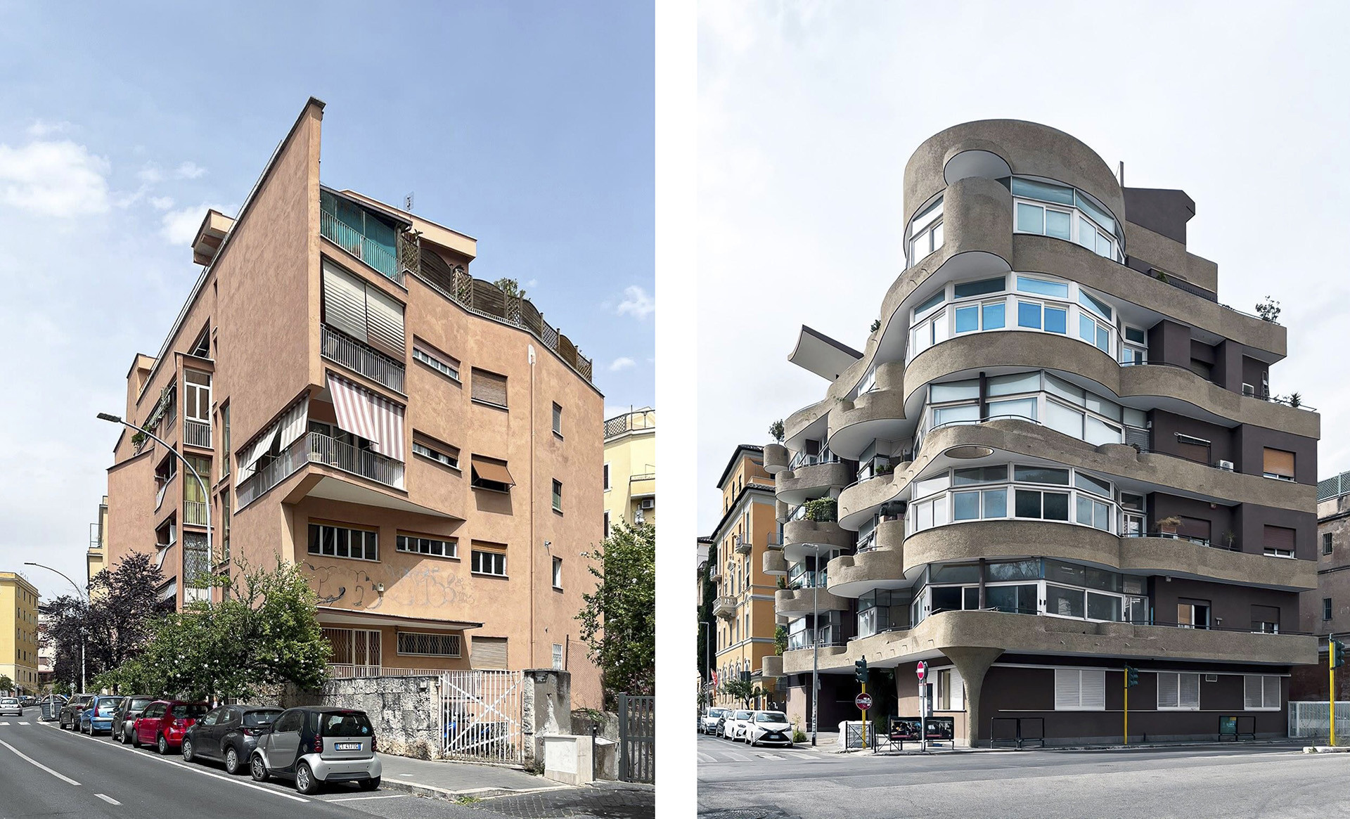 Vlevo: Luigi Moretti - Palazzina della Cooperativa Astrea, 1947-1951. Ulice: via Jenner; vpravo: Venturino Ventura - Palazzina, 1968. Ulice: via Bruxelles