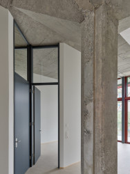 Betonové sloupy jsou pozůstatek doby, kdy tu byl sklad vína a byla potřeba velká nosnost stropů. (Konverze skladu vína na komunitní bydlení; Esch Sintzel Architekten)