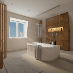 Mokrá zóna se stala dominantou prostoru. Celá místnost díky tomu působí mnohem útulněji.