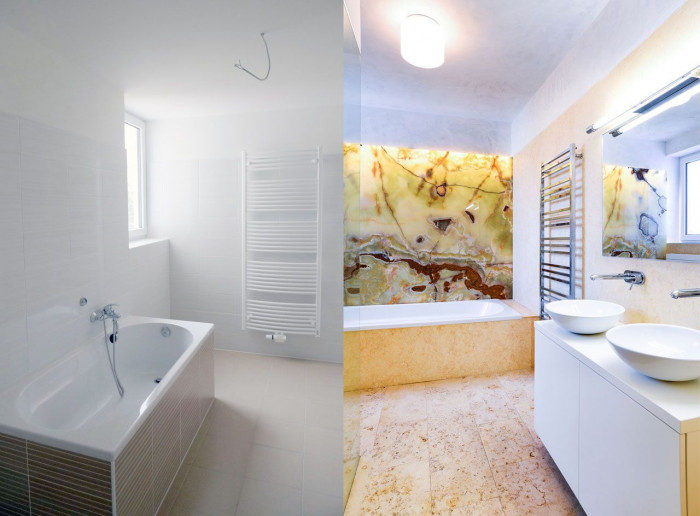 SENAA, Interiér bytu v Brně, koupelna, srovnání původního a nového stavu – foto