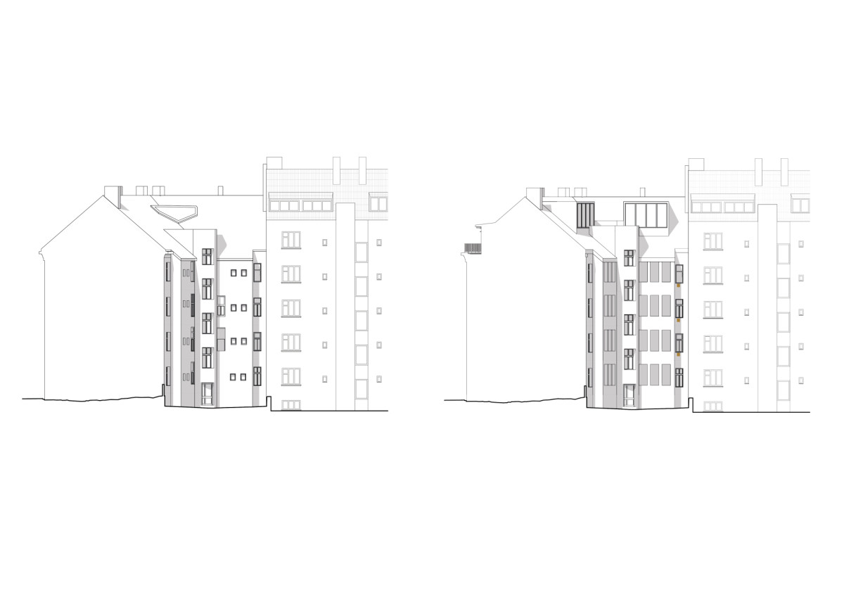 Pohled z vňitrobloku (Nástavba Harfa; matěj šebek architekti)