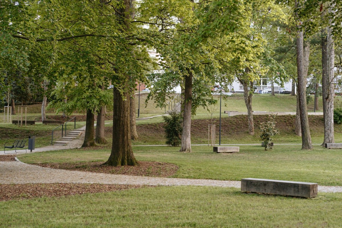 Pobytový trávník s dubovými hranoly (Štěpánčin park v Prachaticích, M2AU, Grupeto)