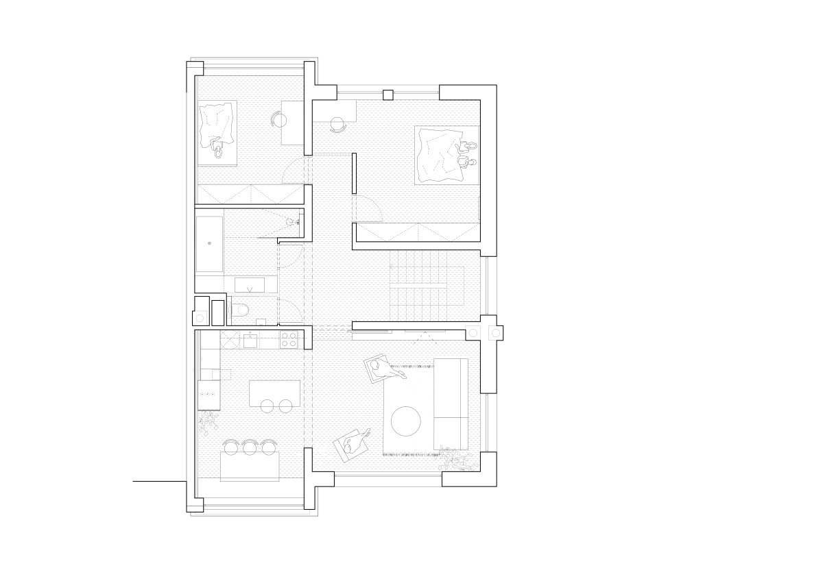 Půdorys 2. nadzemní podlaží - návrh (Řadový dům v Čimicích, Plus One Architects)