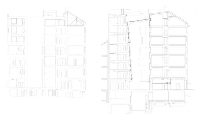 DAM architekti, kancelářská budova Jindřišská 16, řezy, původní a nový stav – foto