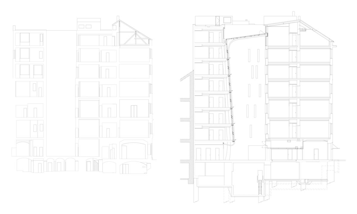 DAM architekti, kancelářská budova Jindřišská 16, řezy, původní a nový stav – foto