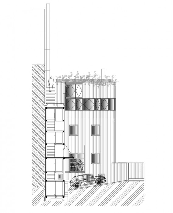 Přestavba rodinného domu Hlubočepy, R.U.A., řez B-B