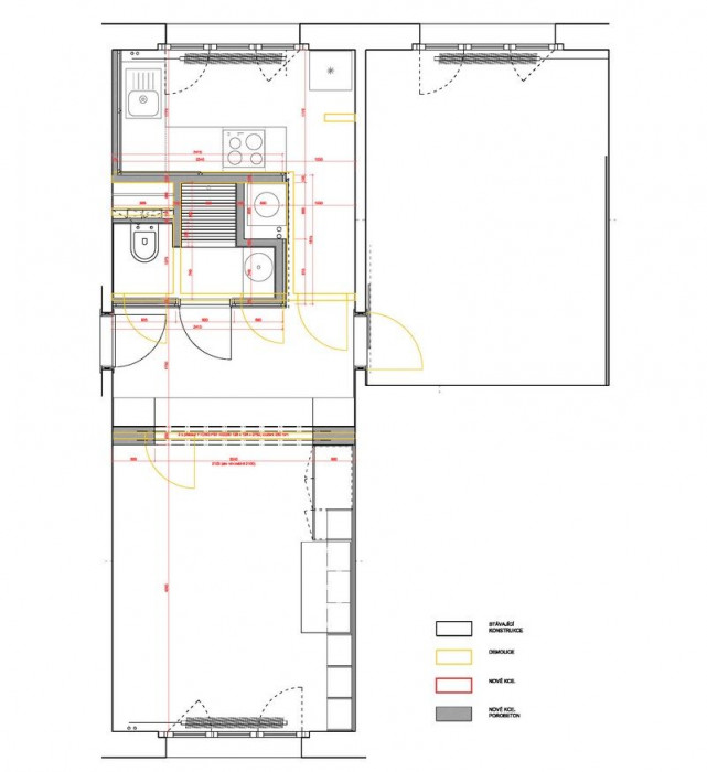 architectureMADE, rekonstrukce bytu paneláku v Plzni, schéma bourání a nových prvků, výkres