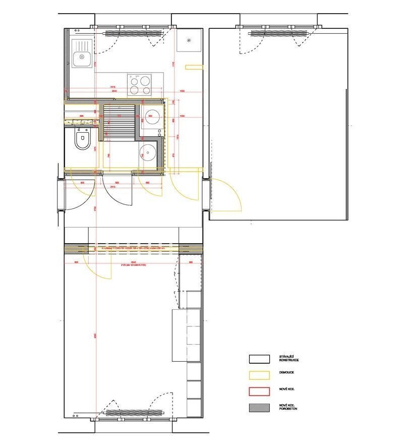 architectureMADE, rekonstrukce bytu paneláku v Plzni, schéma bourání a nových prvků, výkres