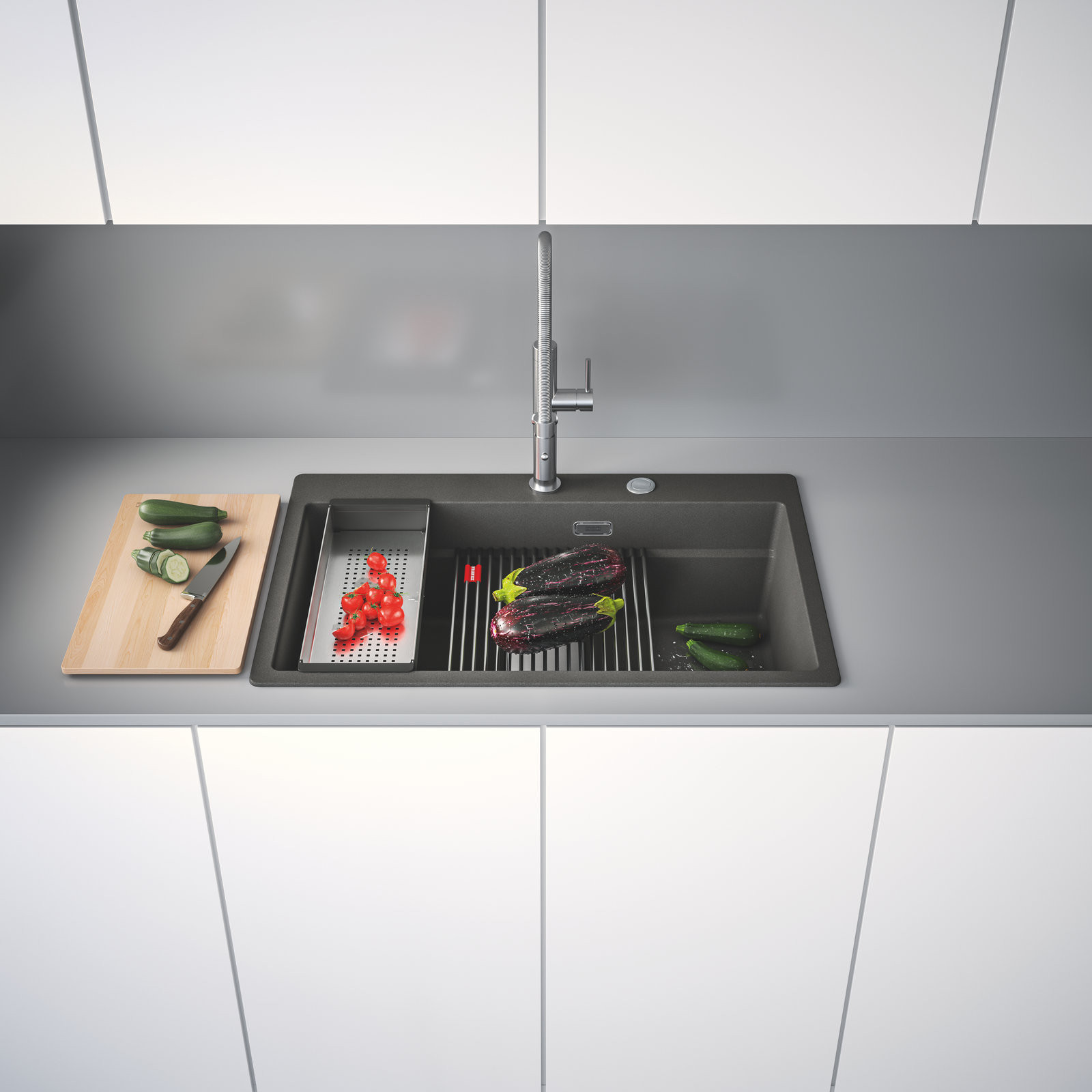 Fragranitový dřez Kubus 2 Pro včetně doplňků