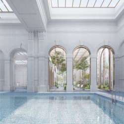 Vítězný návrh na rekonstrukci lázní Grössling v Bratislavě od italského studia OPPS Architettura, plavecký bazén. Vizualizace: luce.atelier