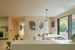 V interiéru zůstaly přiznané dřevěné panely. (Dům v Davli, 0,5 Studio)