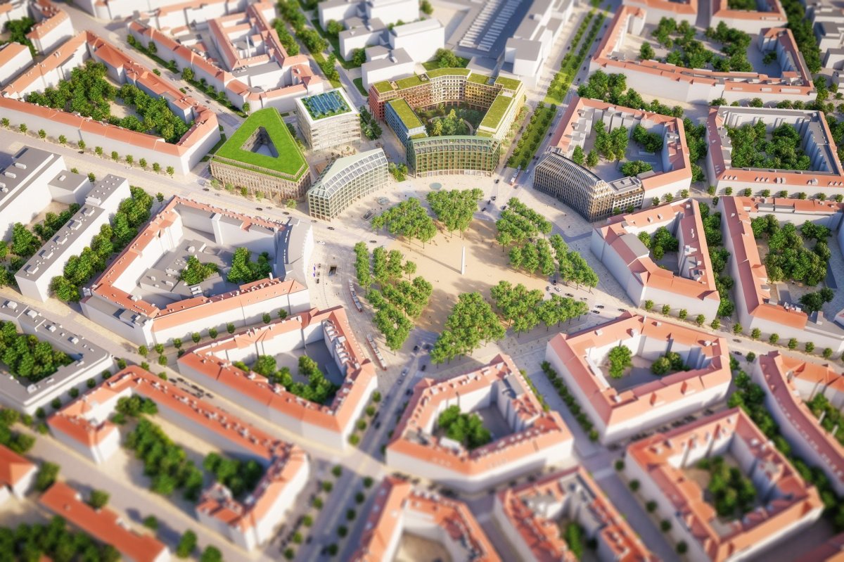 Ptačí pohled na dostavbu 4. kvadrantu, tým 20: Benthem Crouwel Architects (NL) + OVA (ČR),