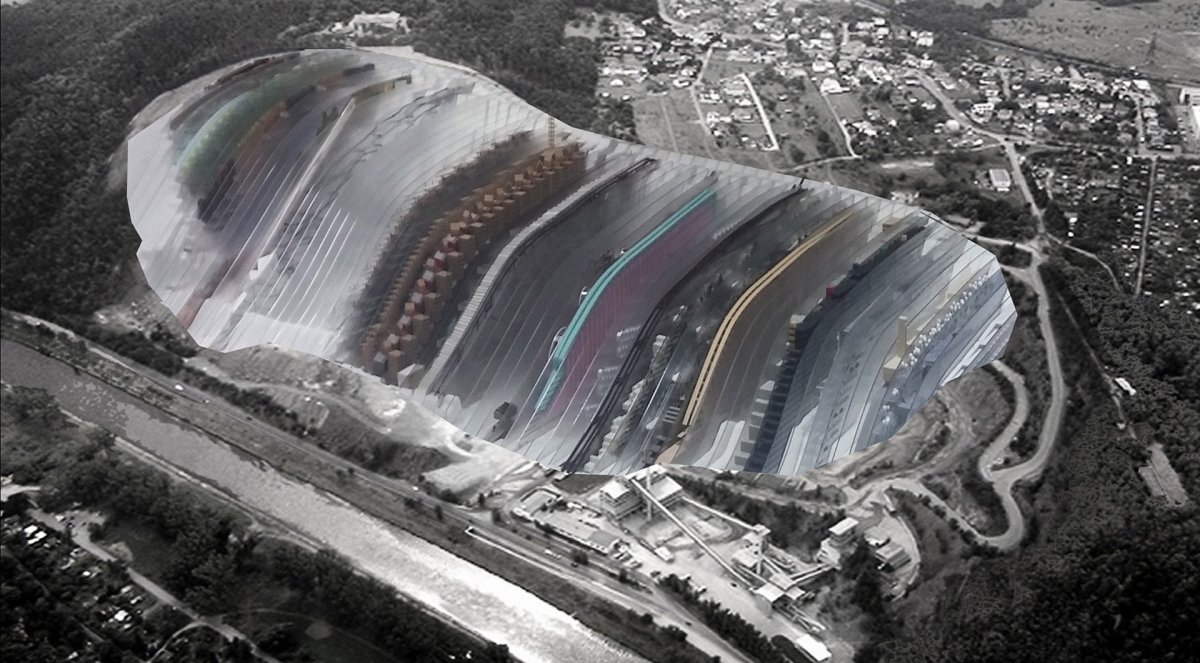 Návrh utopického města Urbo Kune využil více než kilometr dlouhý zbraslavský kamenolom