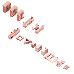 Axonometrie mobiliáře (Knihovna v Červeném Kostelci; Papundekl architekti)